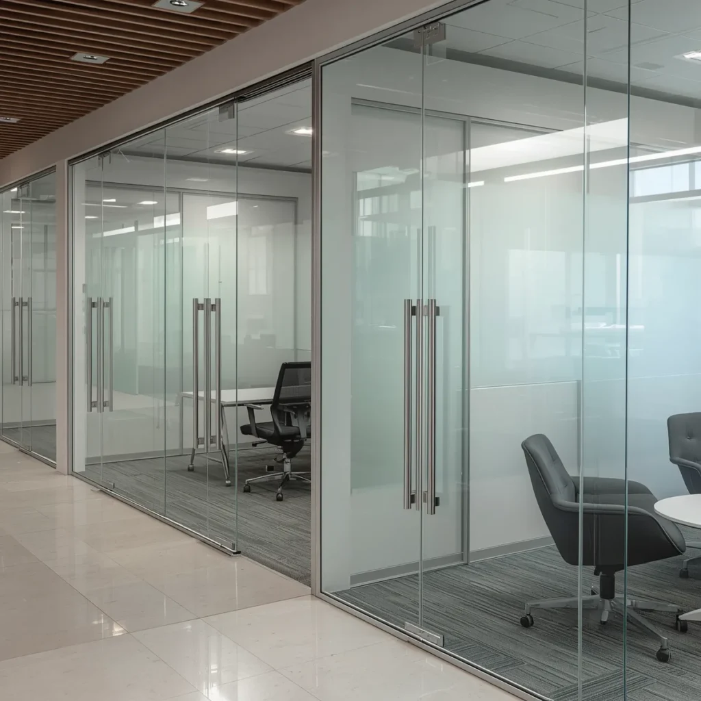 Frameless glass partitions provide soundproofing