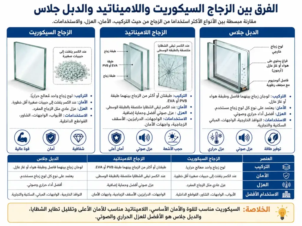 الفرق بين السيكوريت واللاميناتيد والدبل جلاس