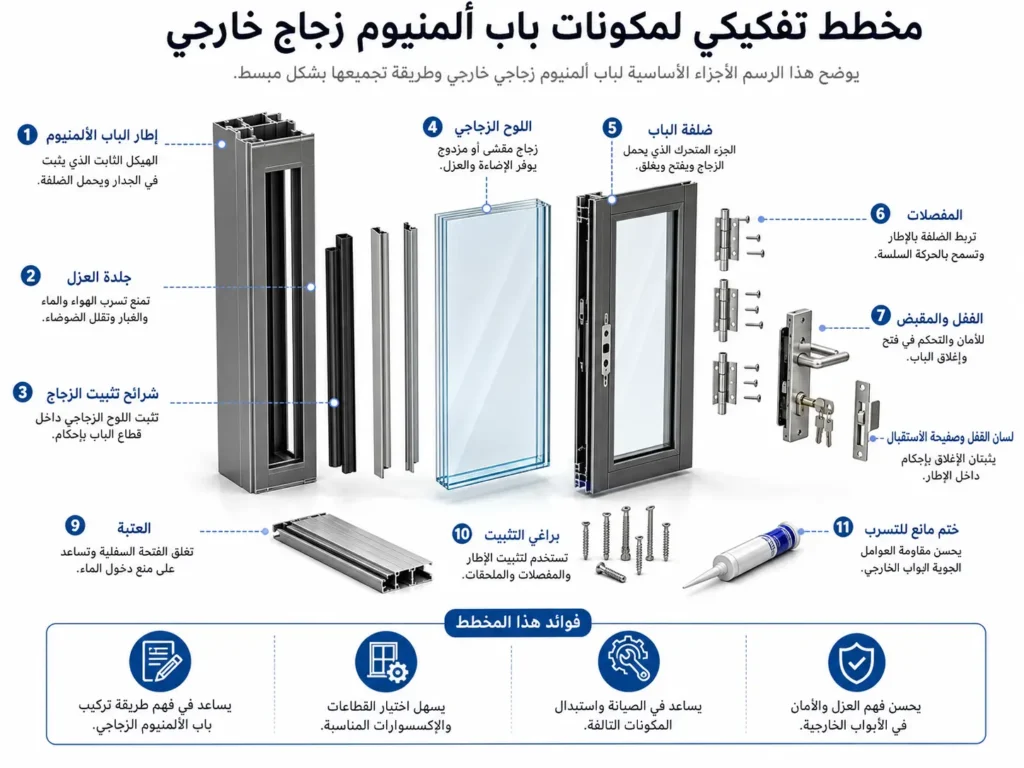 مكونات باب ألمنيوم وزجاج للاستخدام الخارجي